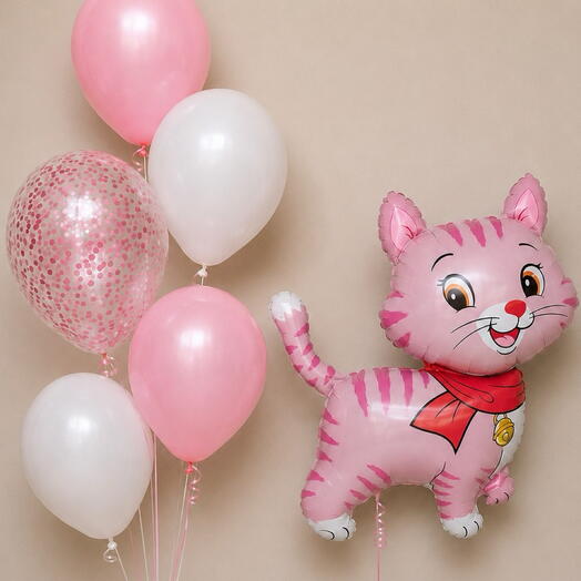 🐈 Набор шаров с фигурой котёнка, шарами с конфетти и фонтаном из шаров