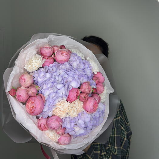 Букет L Дня неё 💜 🩷| гортензия, пионовидные кустовые розы