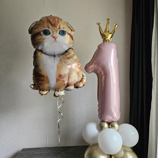 Шары и шарики на 1год,цифра 1розовая и котик,кошка,котенок рыжий-2шара