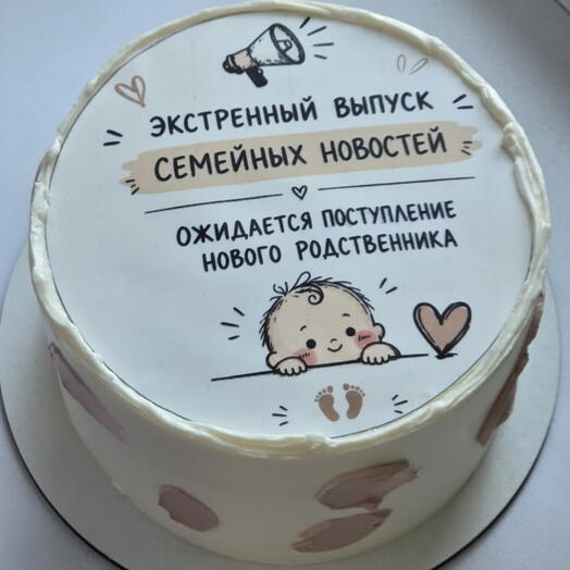 Бенто-торт "Экстренный выпуск семейных новостей. Ожидается поступление нового родственника" на гендер пати, сюрприз родителям