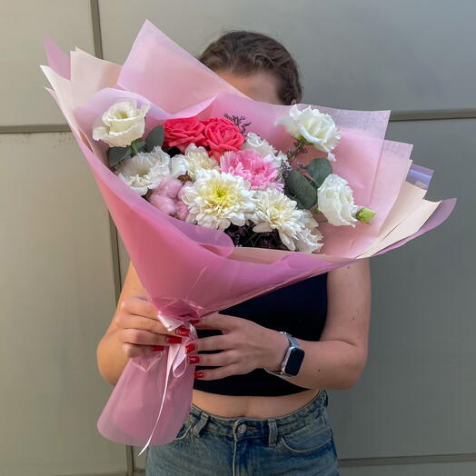 Букет Учителю с Эустомой, Кустовой розой и Хризантемой + сладкий подарок 🎁