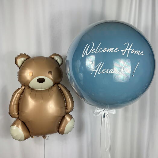 Воздушный шар гигант Баблс 55см и мишка индиго синий. Helium giant bubble balloon 55cm with inscription and bear blue