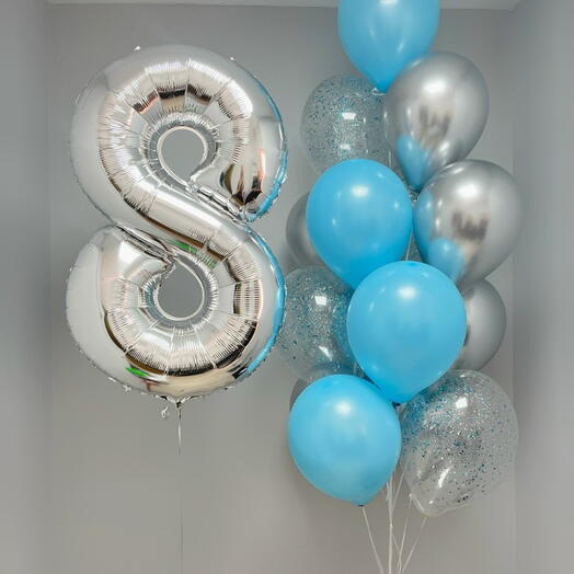 Воздушные шары для мальчика, для ребенка на день рождения, на 8 лет, серебро и голубые