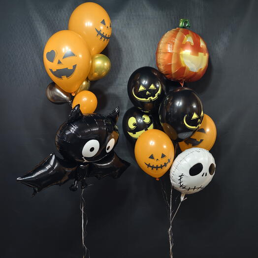 Набор из 14 шаров на Halloween «В ритме Хэллоуина: композиция с летучей мышью и тыквами»
