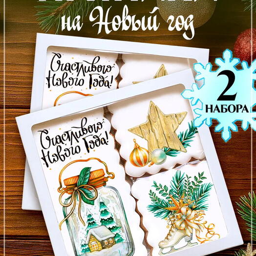 Два набора пряников на Новый год 2027 со снежной банкой и звездой