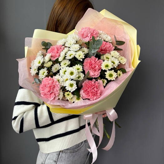 Дуобукет из стойкий цветов «Летний сад» | Сантини | Сортовые Диантусы | Эвкалипт
