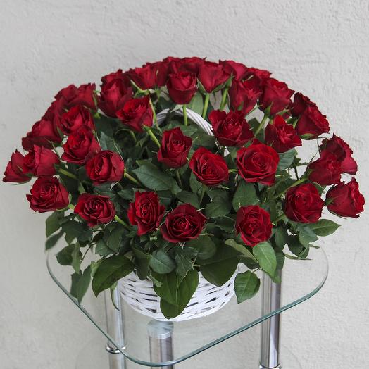 51 red roses in a basket