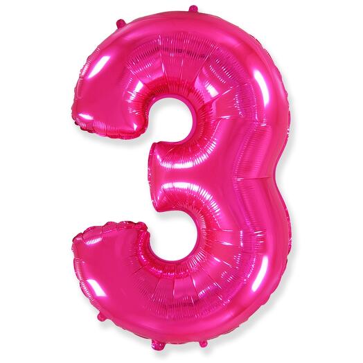 Цифра 3 Фуксия огромная фольгированная 102см шарик
