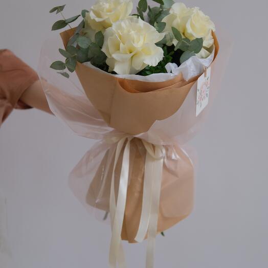 Bouquet of white roses with eucalyptus