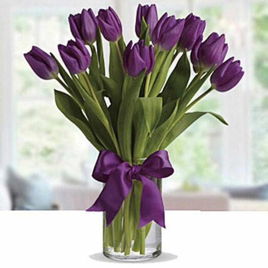 10 Purple Tulips in a Glass Vase