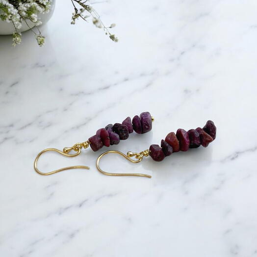 Raw Ruby gold drop earrings