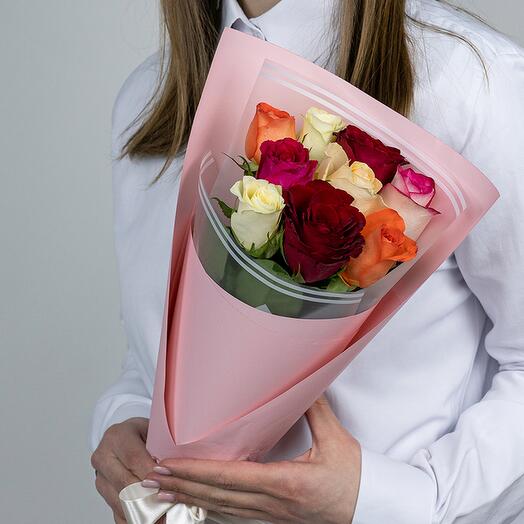 Bouquet of 9 roses mini bright mix 35-40 cm (Kenya) in a package