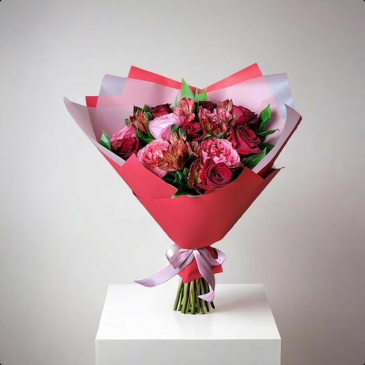 Bouquet of red roses and alstroemeria