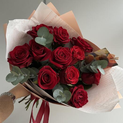Red roses with eucalyptus