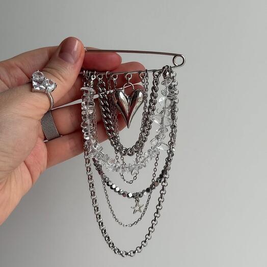 Брошь булавка с подвеской сердце 7,5 см