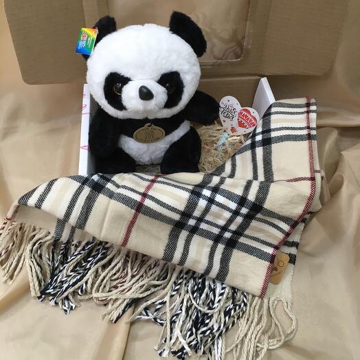 Подарочный набор «Для тебя»: платок кашемировый, мягкая игрушка Панда, мини-открытка (арт.1104)