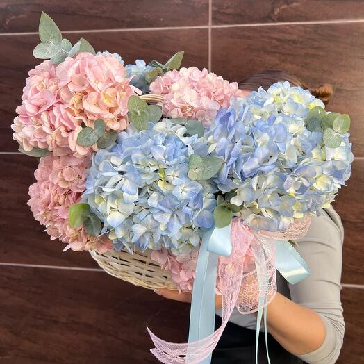 Корзина с гортензией и эвкалиптом