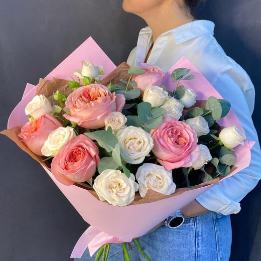 Букет пионовидных роз Pink Soda |Пионовидные розы с эвкалиптом