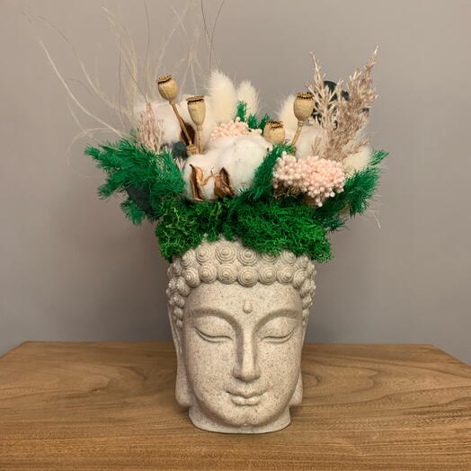 Композиция «Будда» с сухоцветами хлопок | озотамнус | мак | аспарагус | мох