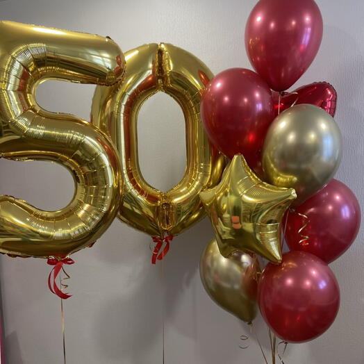 Набор Шаров с цифрами 50 и связка Шаров красный+золото хром