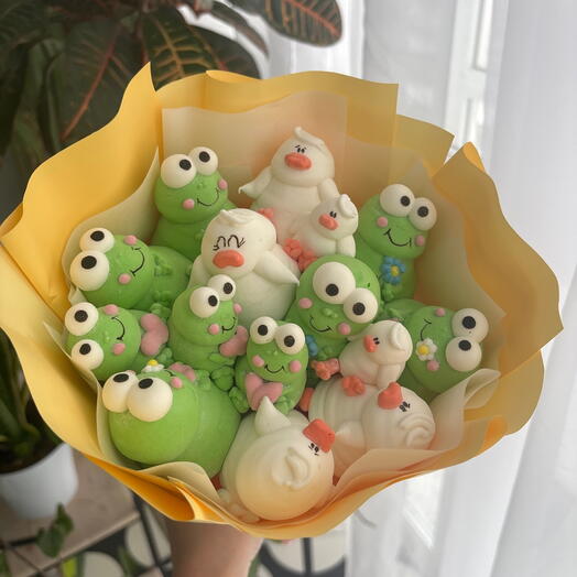 Букет из маршмеллоу, гуси и лягушки