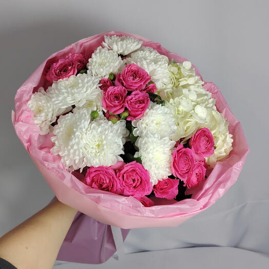 💕Яркий букет "PERVOЦВЕТ" из кустовых роз, гортензии и хризантем💕