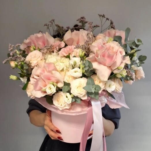 Box of flowers made of French rose, hydrangea, bushy peony rose and dianthus