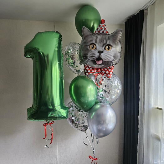 Набор зеленых хром и серебро шаров на 1год,годик,дочки,сына,мальчика, девочки из котик,кот,котенок,шары с котом-11шаров