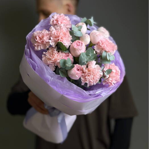 Букет  «Розовый закат» 🌸💜с пион розами и диантусами