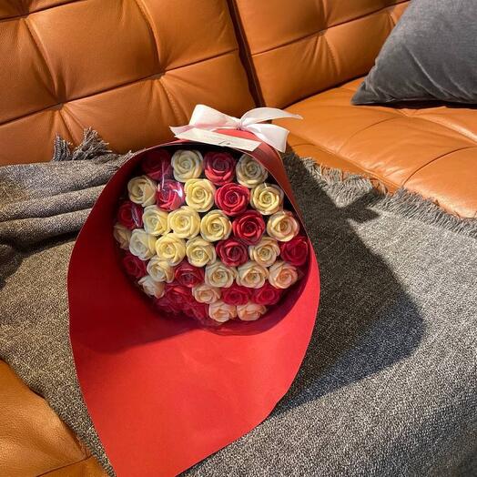 Chocolate roses in a bouquet of 37 roses