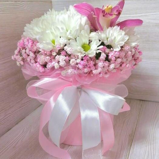 Коробочка Хризантем и гипсофилы  с Орхидеей 🌸