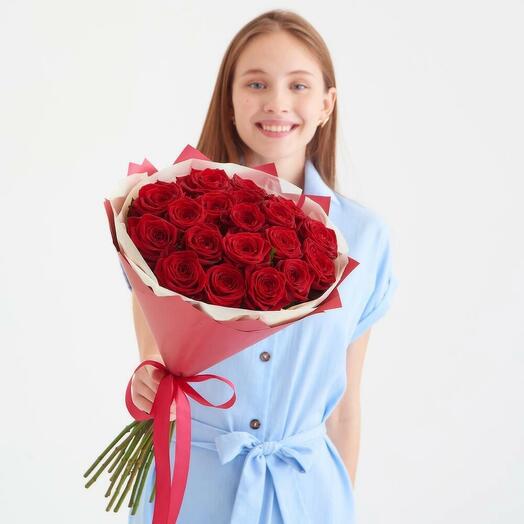 A bouquet of 19 red roses in a designer package