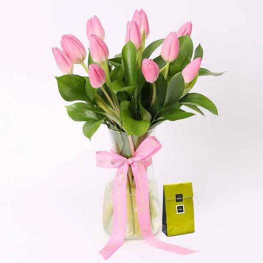 Delicate 11 Tulips and Deluxe Patchi Chocolates
