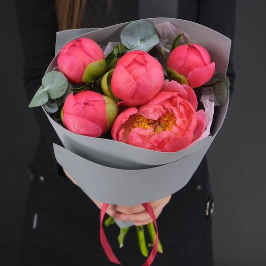 5 Coral Charm Peonies with Eucalyptus twigs