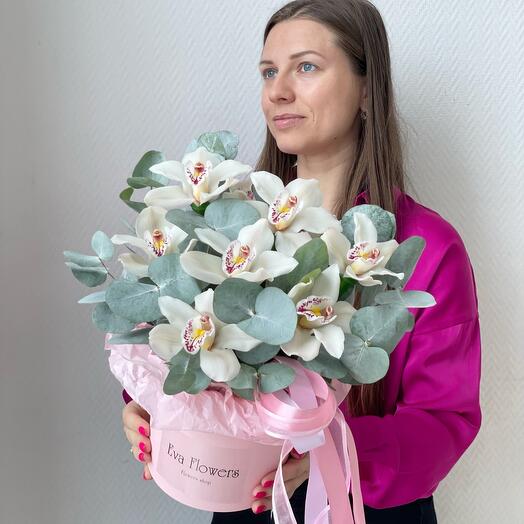 White orchids in a pink box