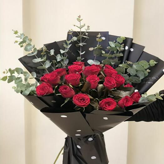 RED ROSES WITH FRESH EUCALYPTUS