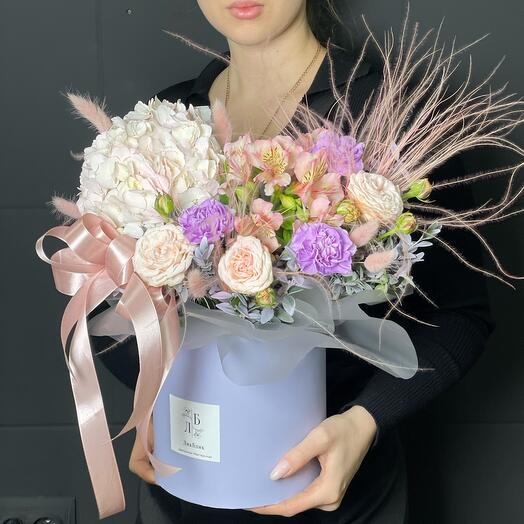 Composition "Milan" from hydrangea alstroemeria bush rose