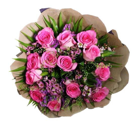 Pinky Promise: 20 Pink Roses with Pink Fillers   Half Bunch Seasonal Greens