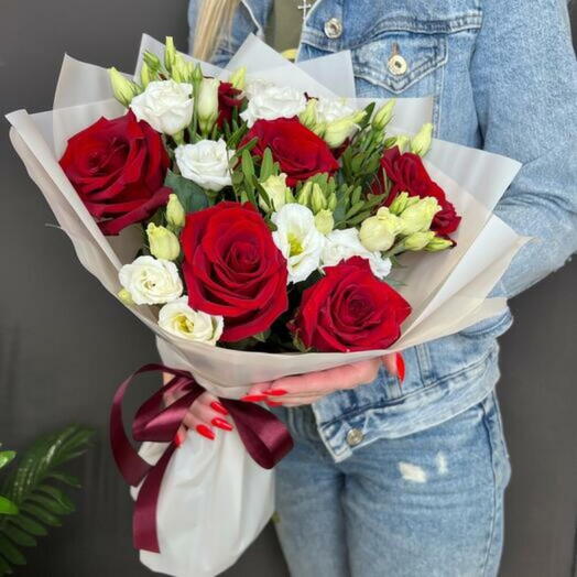 Red Roses and White Eustoma Bouquet 1