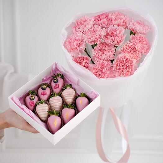 Ramo de Dianthus rosa y juego de fresas cubiertas de chocolate 9 piezas