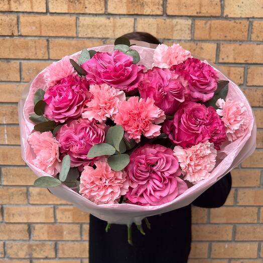 Bouquet with peony-shaped pink roses, pink dianthus and eucalyptus