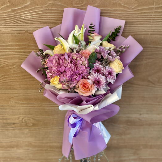 Purple Hydrangea Pansy Bouquet