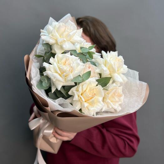 Mono bouquet of GF white French roses with eucalyptus