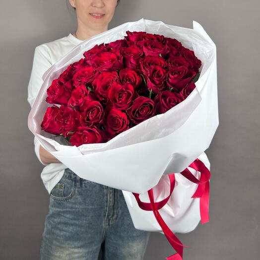 🌹Букет моно «Коллекция МосРозаОпт премиум»/35 шт Роза кенийская/красные розы/Цветы Магнитогорск/Доставка Магнитогорск