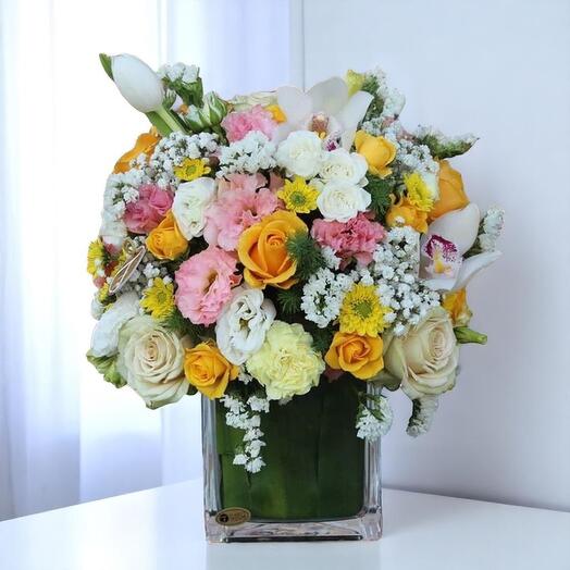 Vibrant Mixed Flower Arrangement in Glass Vase – White Tulips, Roses, Orchids Carnations (40cm)