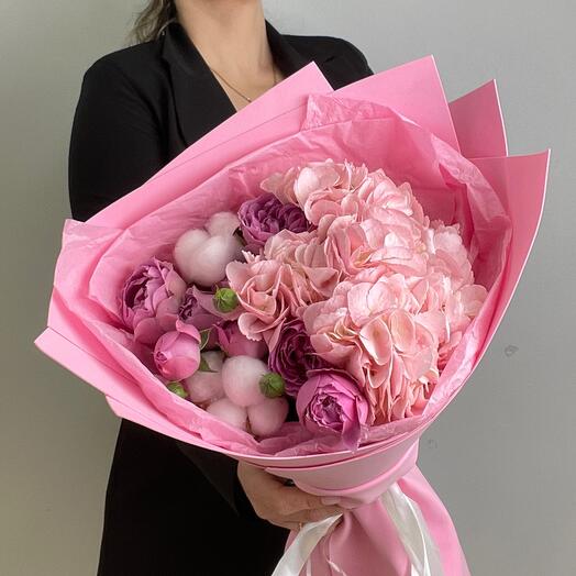 Букет 💕Гортензии ,пионовидной кустовой розы ,хлопка 💕