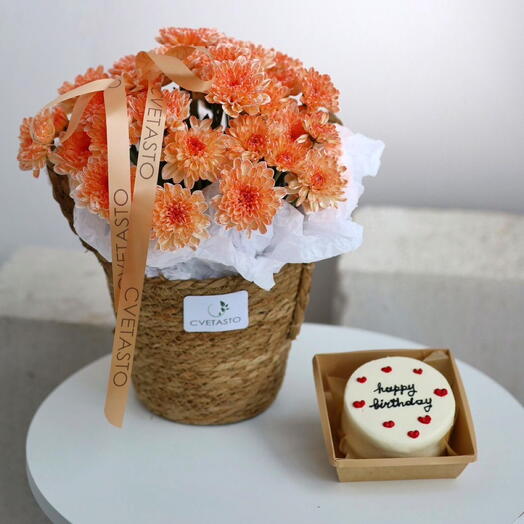 Корзина с хризантемами + бенто торт в подарок