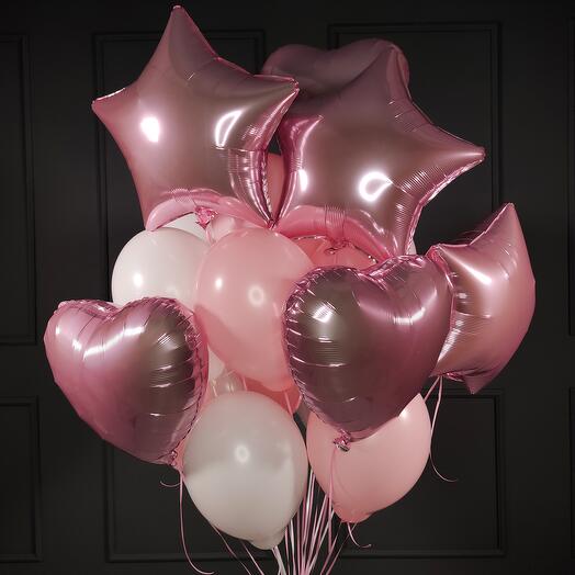 Composition of white and pink balloons with hearts and stars