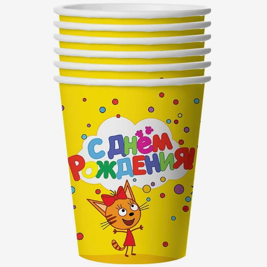 Стакан одноразовый бумажный «Три кота: С днём рождения!», жёлтый, 6 штук, 250 мл