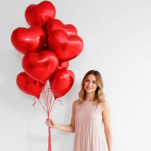 Красные фольгированные сердца, 10 шаров